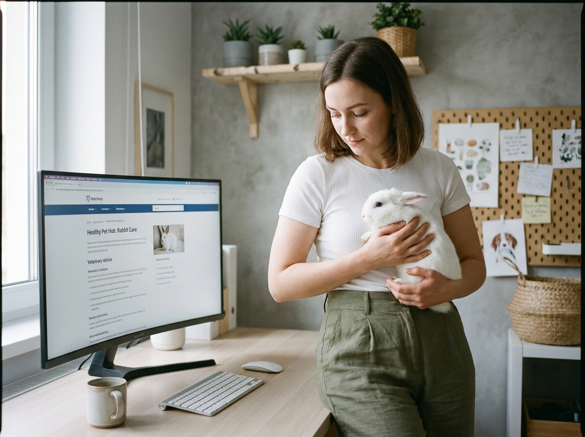 Jeune femme consultant un site de soins animaliers en ligne tout en tenant son lapin dans un bureau à domicile