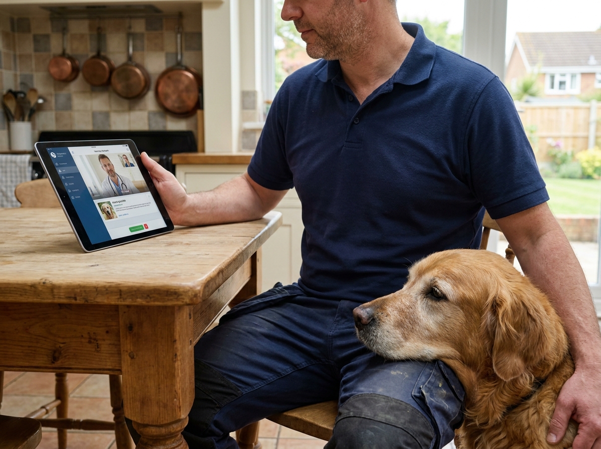 Homme utilisant une application de soins vétérinaires en ligne avec son golden retriever dans la cuisine