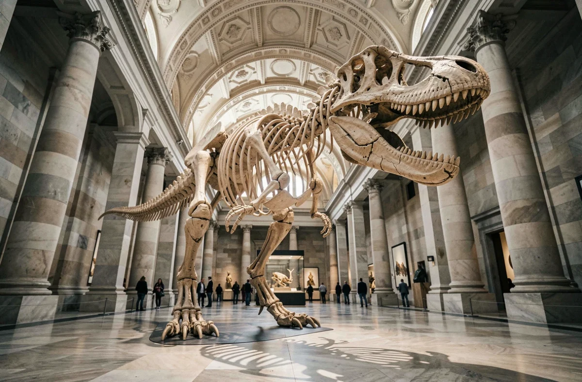 Squelette fossile de Tyrannosaurus rex exposé dans le hall d'un grand musée d'histoire naturelle