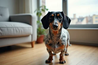 Teckel arlequin dans un appartement moderne avec parquet et canapé gris, regard curieux et alerte