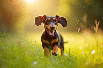 Teckel joyeux courant dans un pré ensoleille