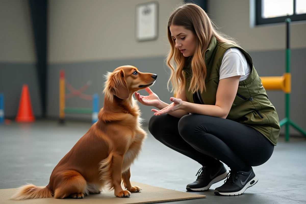 Teckel poil long ignorant les ordres de sa maîtresse dans un cours d'éducation canine