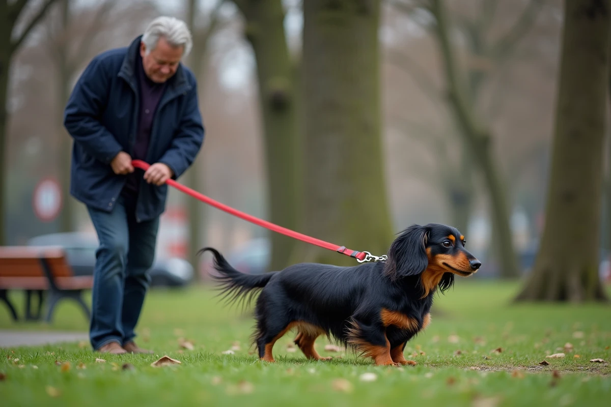 Teckel poil long tirant sur sa laisse lors d'une promenade en parc urbain