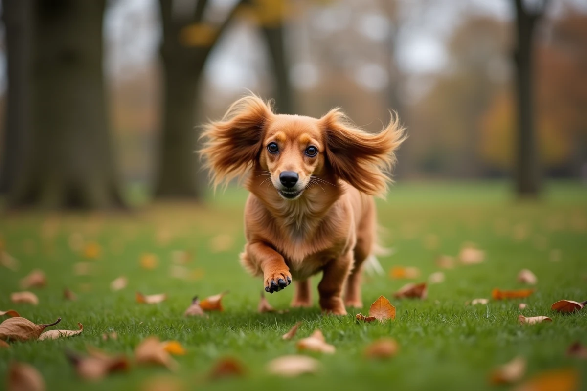 Teckel à poil long courant dans un parc en automne, illustration de la vitalité de la race pour un guide sur l'assurance chien