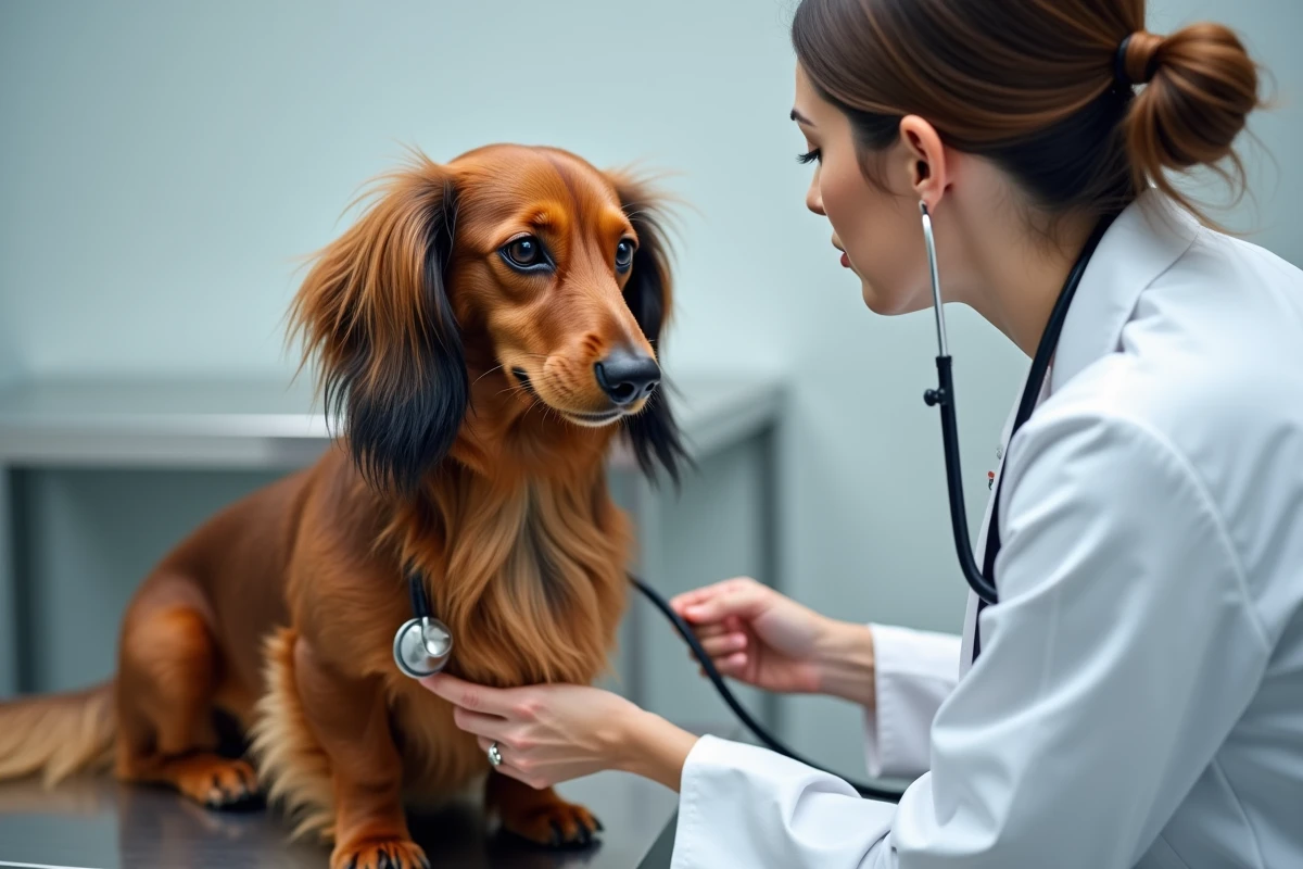 Vétérinaire examinant un teckel à poil long sur une table de consultation, contexte d'assurance santé animale