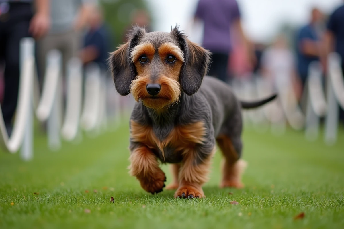 Teckel standard à poil dur en déplacement dans un ring d'exposition canine en plein air sur pelouse