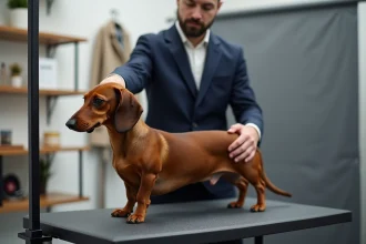 Teckel standard à poil ras en pose d'exposition tenu par un handler professionnel lors d'une séance de toilettage avant concours