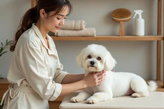 Femme toilettant doucement un Bichon Maltais blanc et soyeux sur une table de toilettage à domicile avec des brosses naturelles