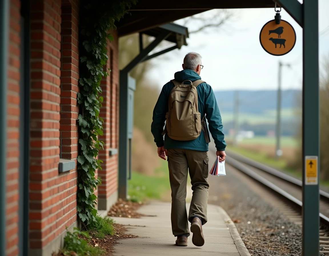 Homme descendant d'un train régional en Alsace avec un panneau indiquant un parc animalier accessible depuis Strasbourg sans voiture