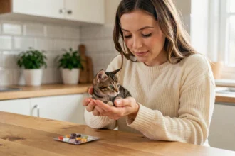 Femme tenant un chaton tout en lisant la notice d'un médicament antiparasitaire Credelio pour chats