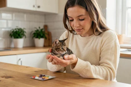 Femme tenant un chaton tout en lisant la notice d'un médicament antiparasitaire Credelio pour chats