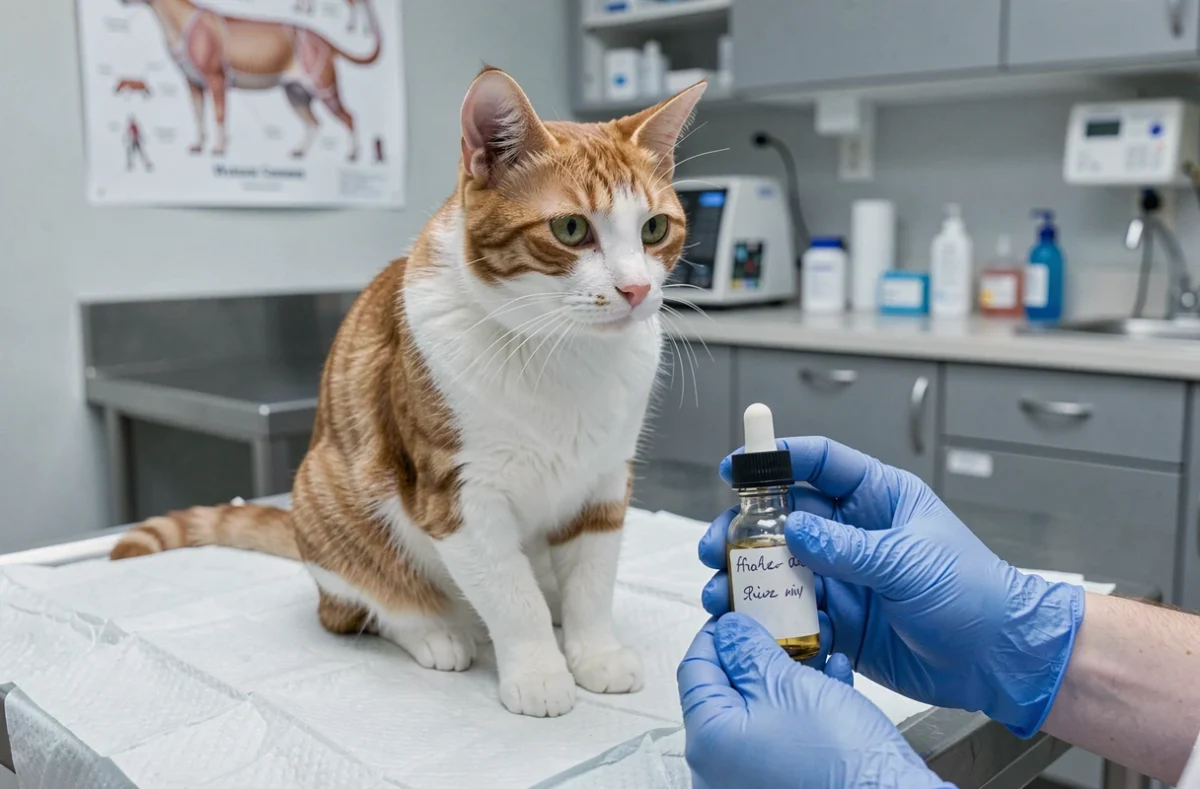 Chat roux examiné dans une clinique vétérinaire pendant qu'un vétérinaire tient un flacon d'argent colloïdal
