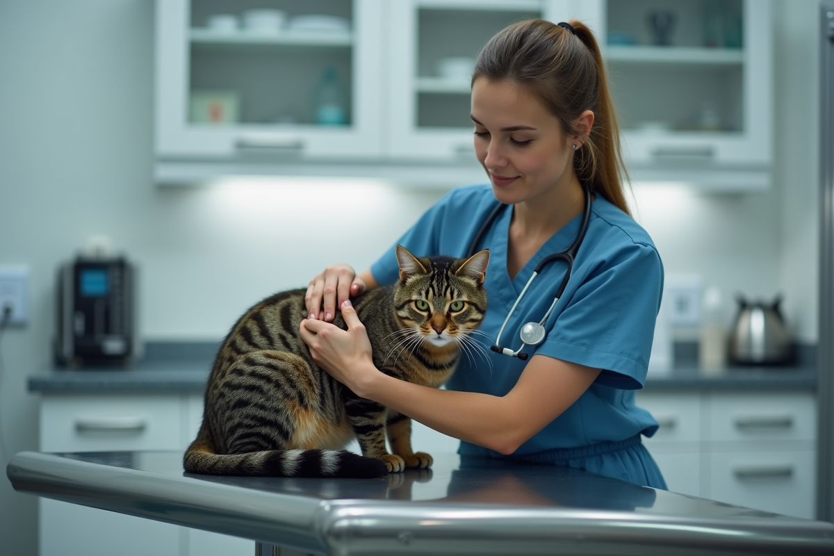 Vétérinaire femme avec chat lors d'un bilan préanesthesie