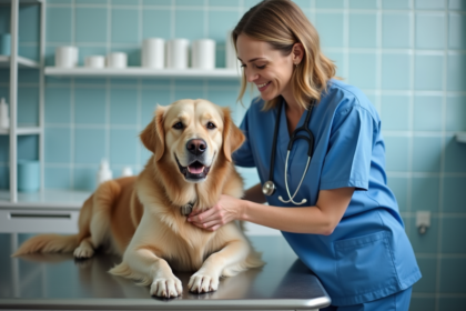 Vétérinaire examinant un golden retriever calme en clinique