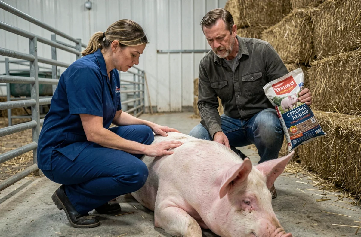 Vétérinaire examinant un cochon dans une ferme pendant qu'un éleveur tient un sac d'alimentation commerciale pour porcs