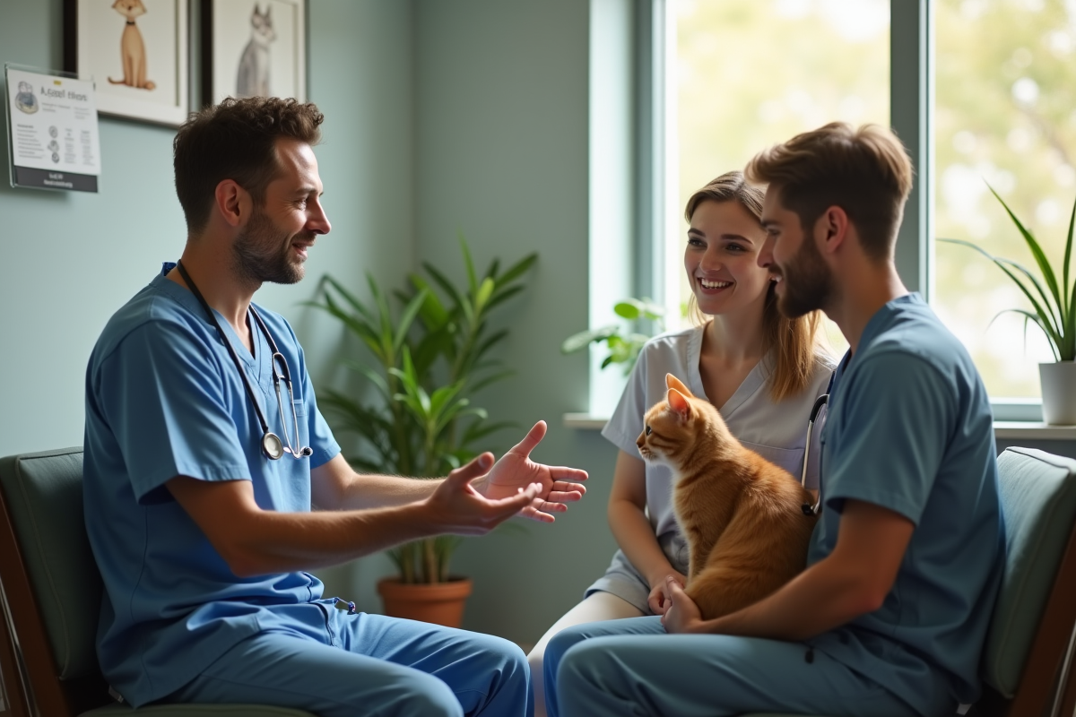Vétérinaire parlant avec un couple et leur chat dans la salle d