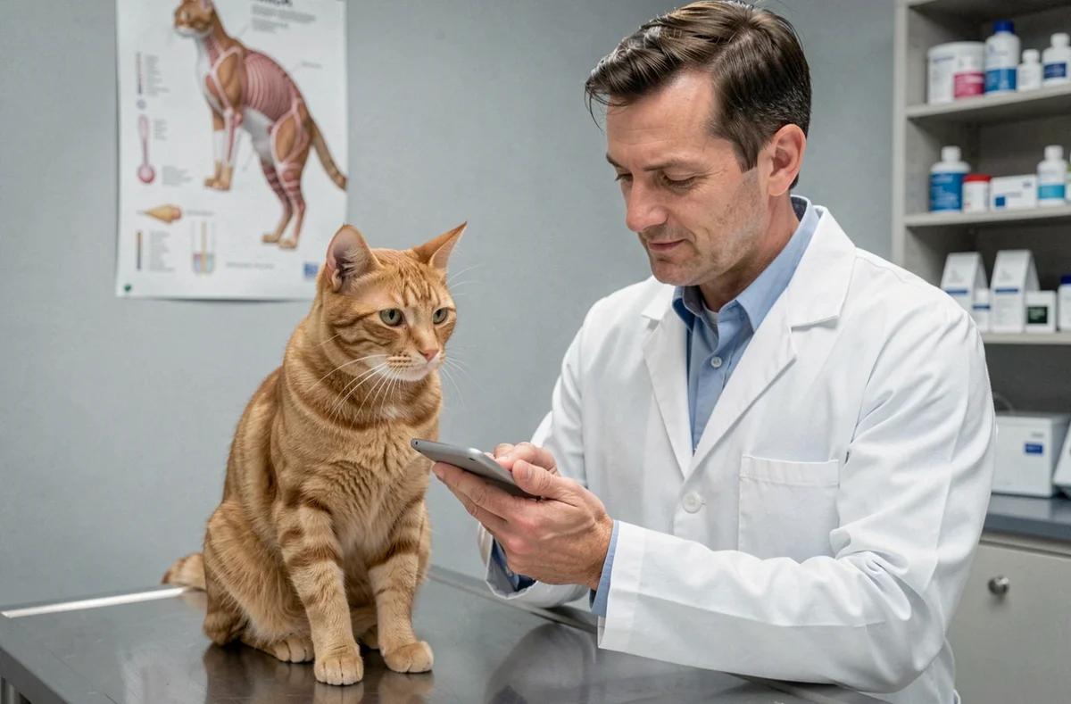 Vétérinaire présentant un comprimé Credelio à un chat adulte roux lors d'une consultation clinique
