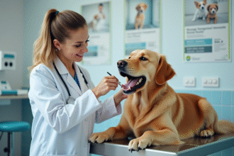 Vétérinaire examinant la bouche d’un chien en clinique