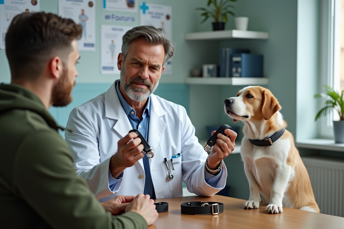 Vétérinaire montrant deux colliers pour chien à un propriétaire en clinique