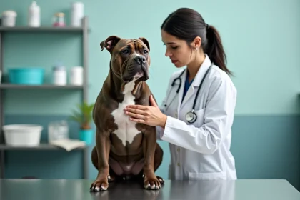 Vétérinaire examinant un American Bully Exotic Bully lors d'une consultation de santé en clinique vétérinaire moderne