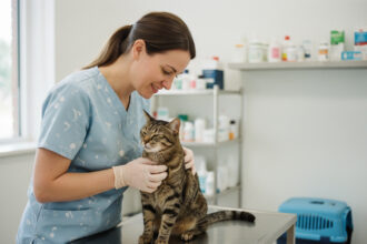 Vétérinaire examinant un chat dans une clinique moderne