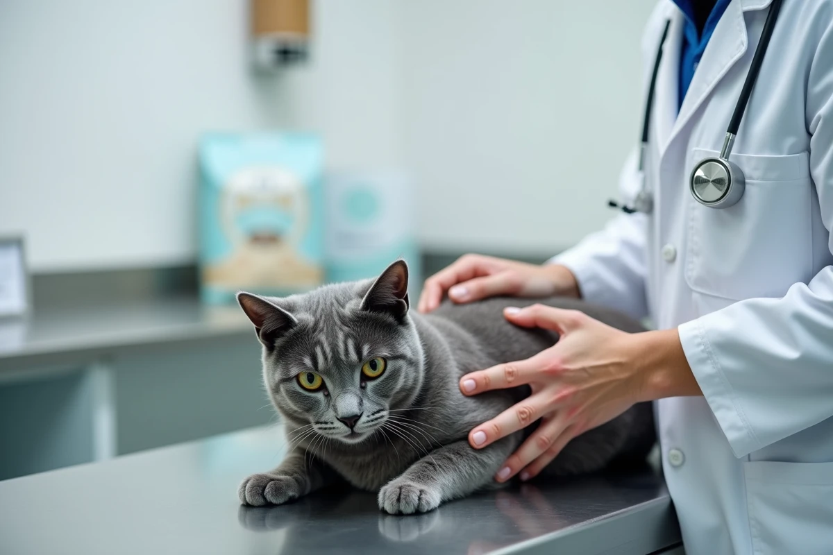 Vétérinaire examinant un chat gris sur une table d'examen avec des croquettes en arrière-plan lors d'une consultation pour troubles digestifs