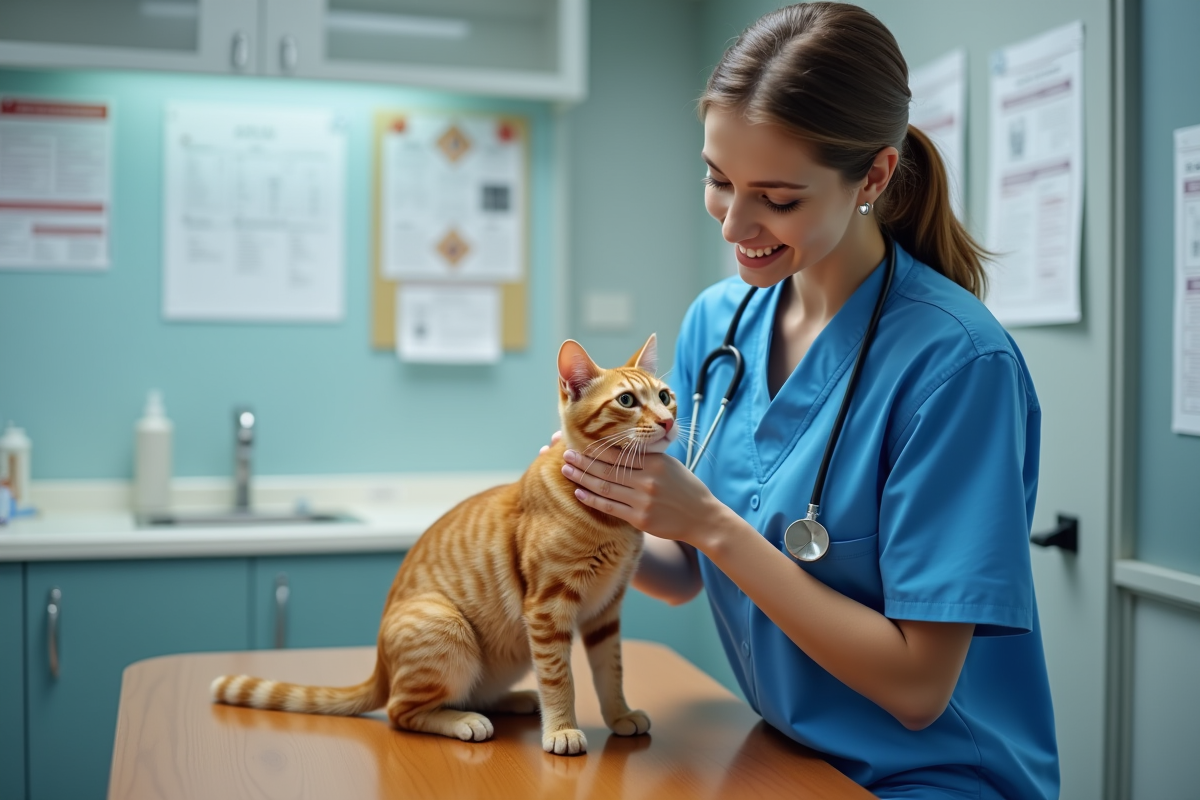 Vétérinaire examinant un chat ginger dans une clinique