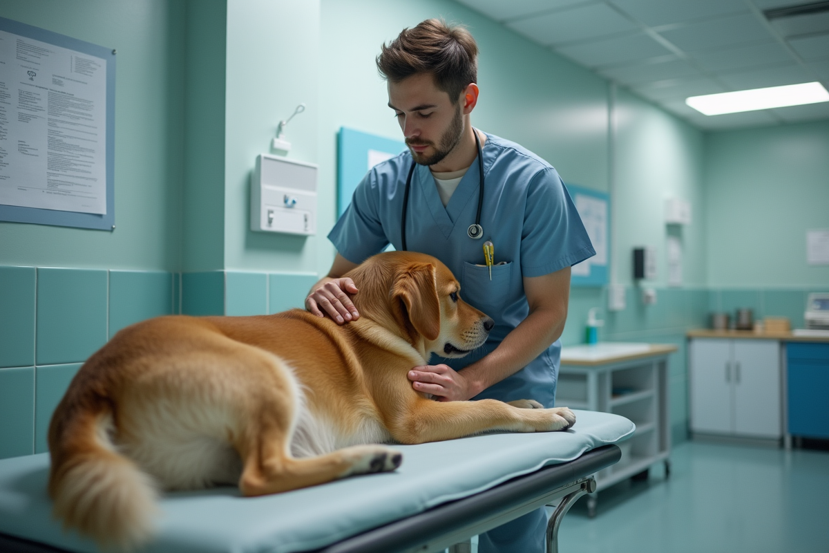 Vétérinaire examine un chien dans une clinique moderne