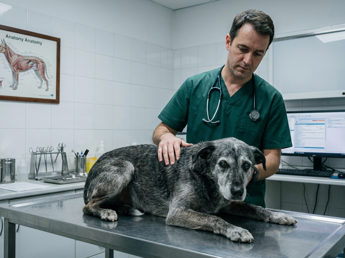 Vétérinaire examinant un vieux chien au poil grisonnant sur une table d'examen dans une clinique vétérinaire moderne, illustrant les coûts de santé croissants liés à l'âge du chien