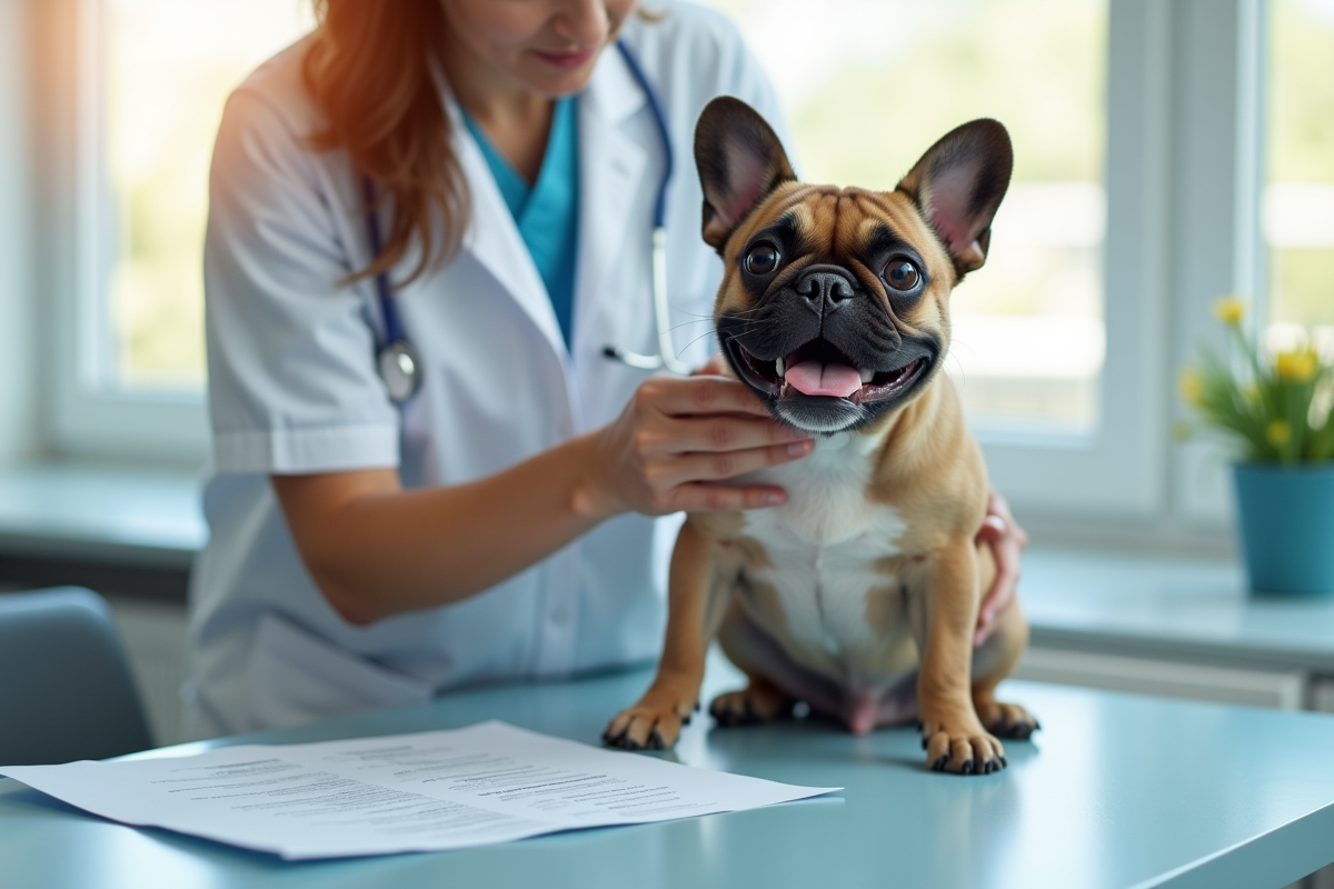 Vétérinaire examinant un bouledogue français dans une clinique lumineuse