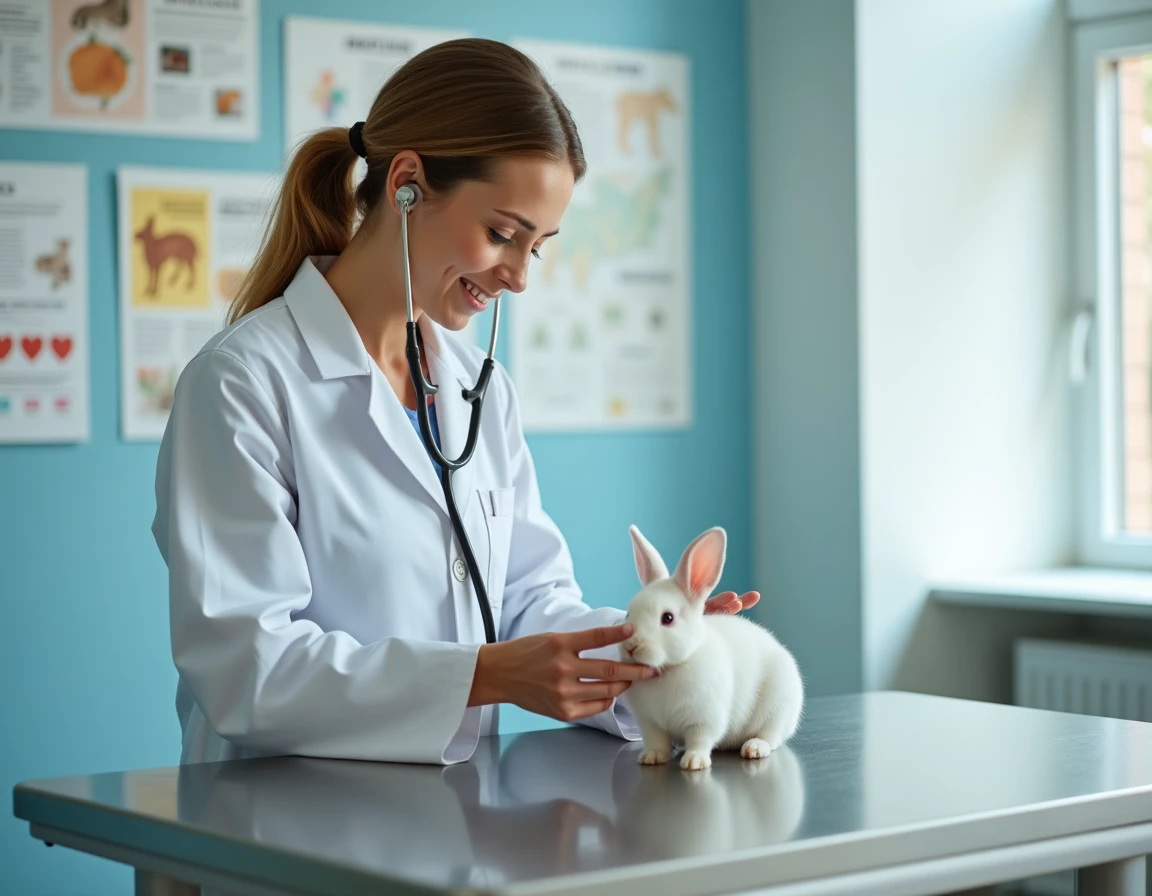 Vétérinaire examinant un lapin domestique en clinique, illustrant l'importance des soins vétérinaires face aux impacts climatiques sur la santé des animaux de compagnie