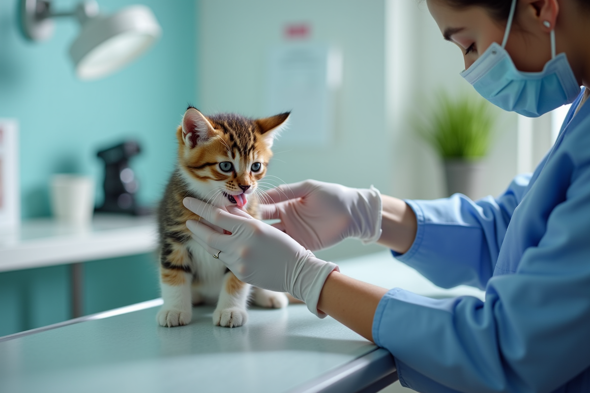 Vétérinaire examinant un chaton vif sur une table d