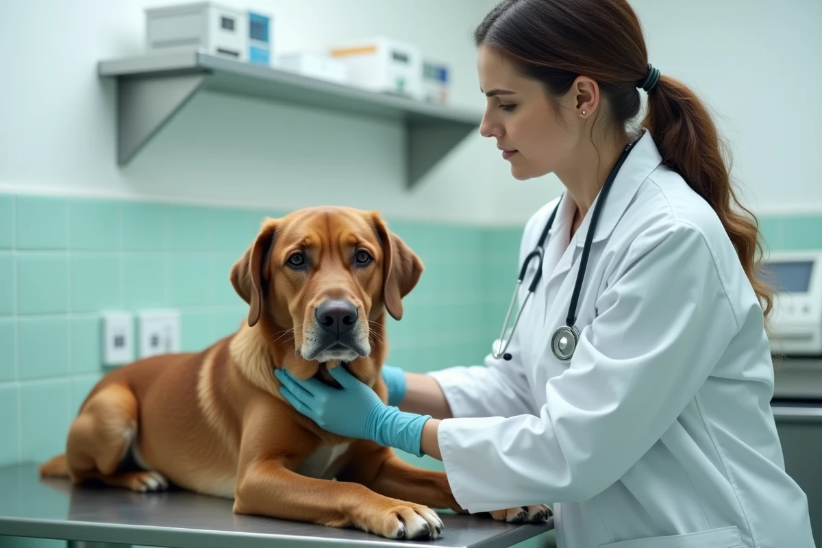 Vétérinaire examinant un labrador avec de la bave blanche en consultation clinique vétérinaire