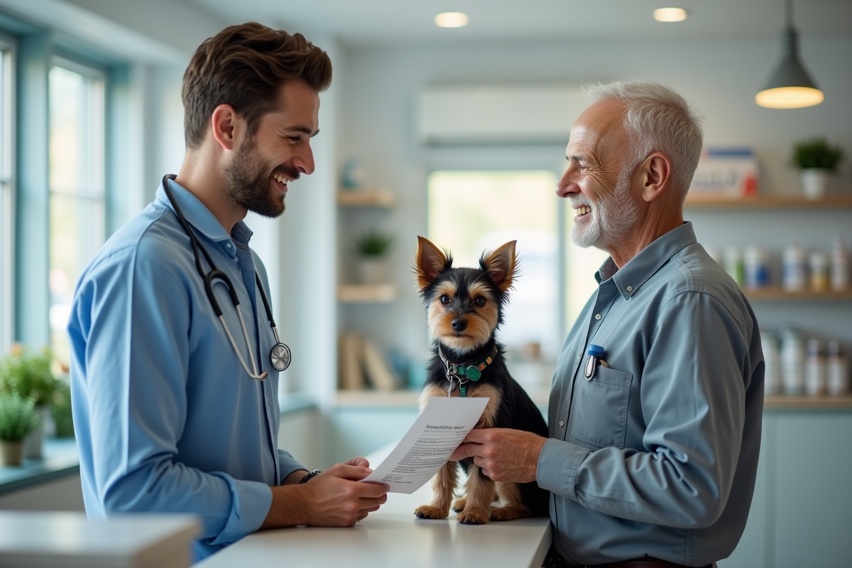 Vétérinaire donnant une ordonnance à un homme âgé avec chien