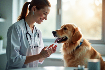 Vétérinaire donnant une pilule à un chien heureux dans une clinique lumineuse